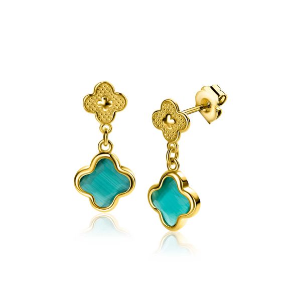 Pendientes largos dorados con forma de flor y detalle de piedra turquesa.