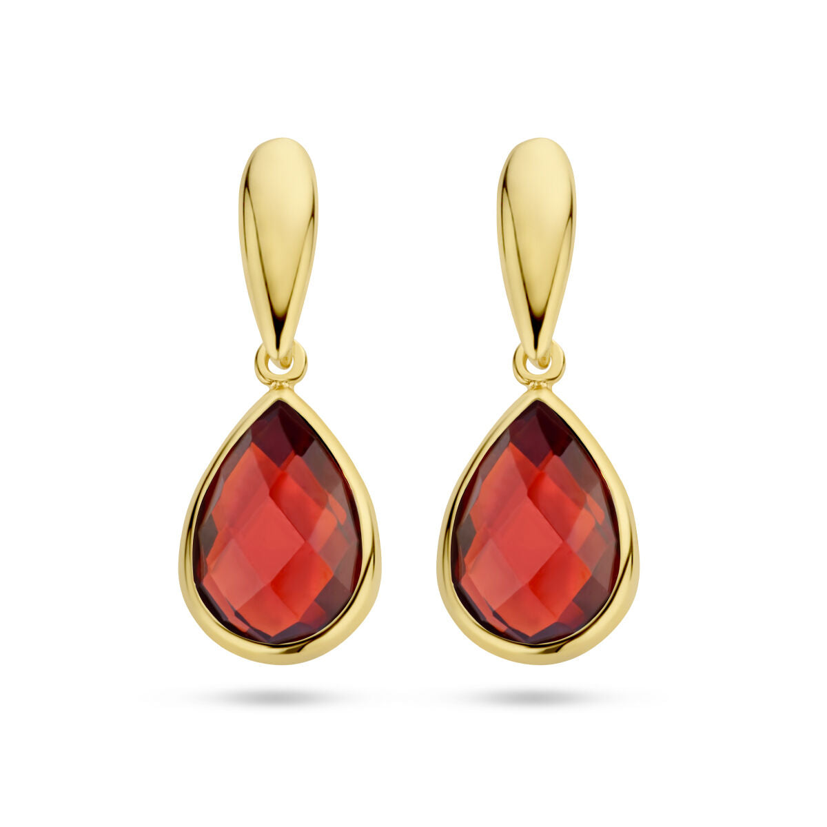 Pendientes largos de granate en oro amarillo de 14 quilates con forma de gota.