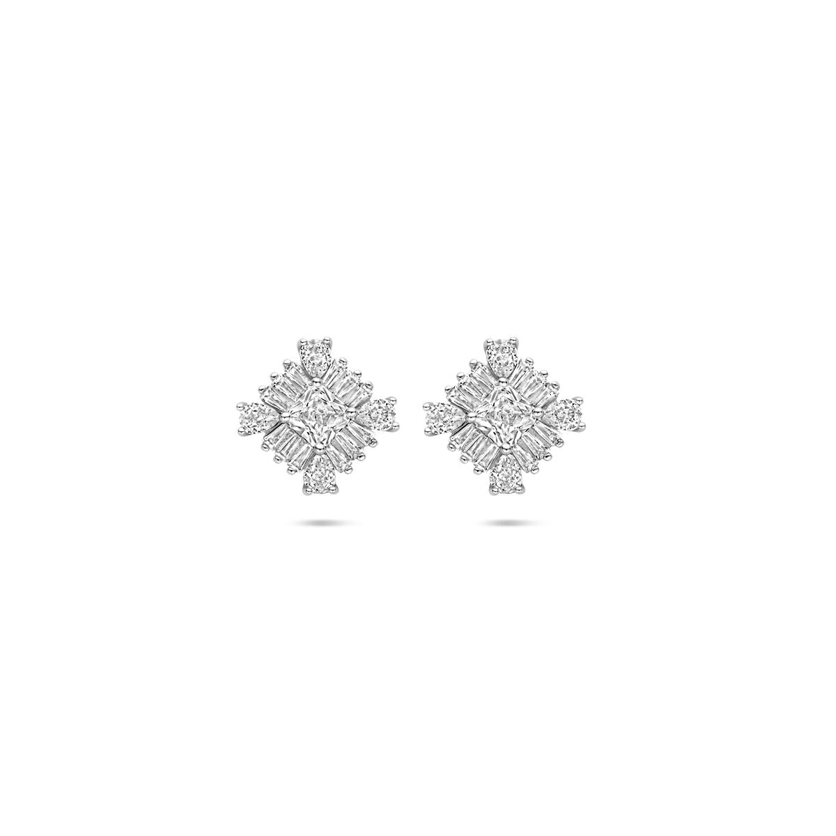 Pendientes de zircón de 15 mm en plata rodiada con diseño en forma de copo de nieve.