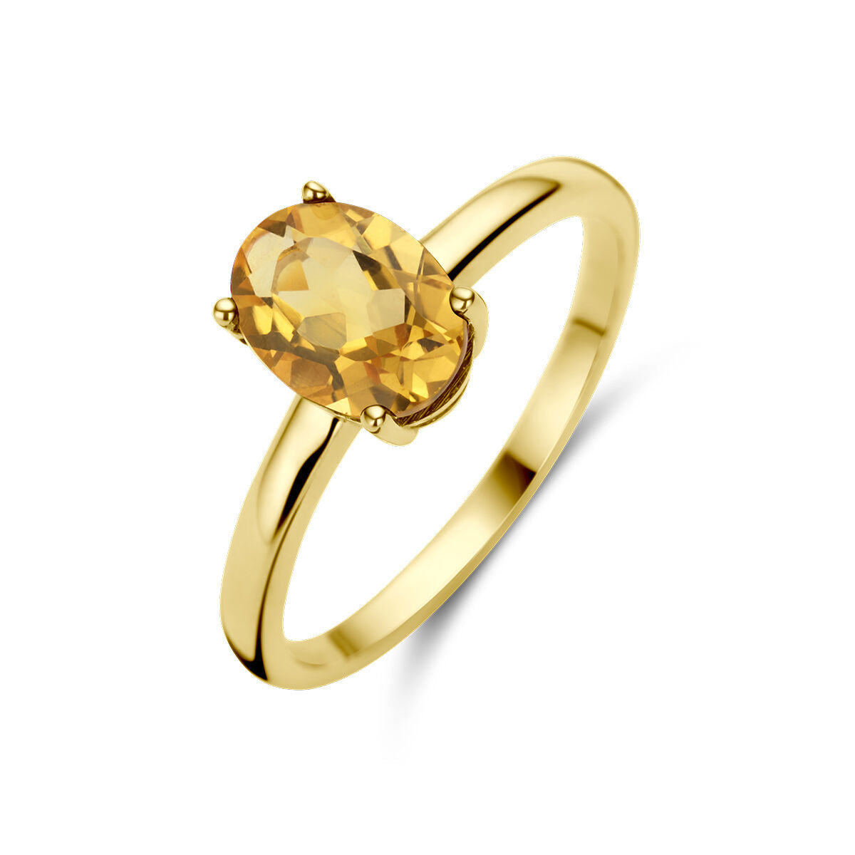 Anillo de citrino en oro amarillo de 14 quilates con forma ovalada.