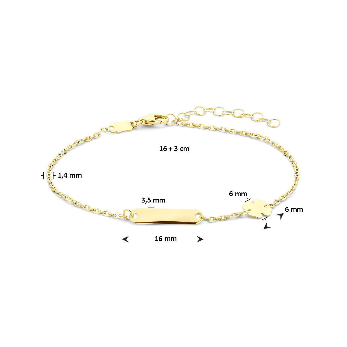 pulsera de grabado trébol placa 3,5 mm 16 + 3 cm oro amarillo 14K