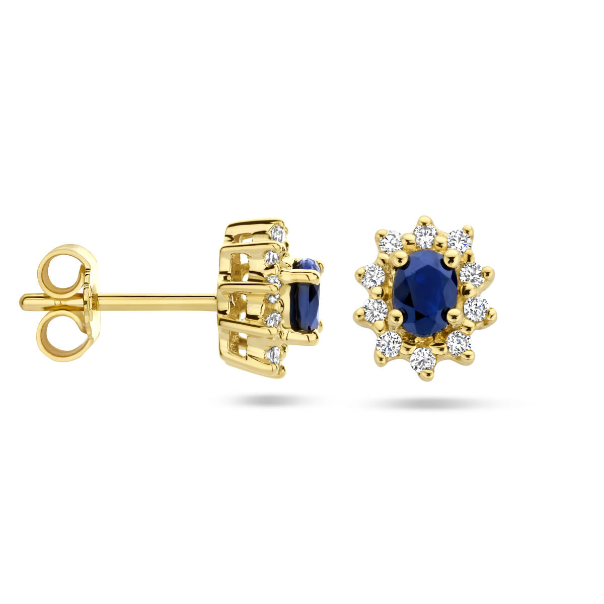 pendientes de botón zafiro y circonita halo 14K oro amarillo