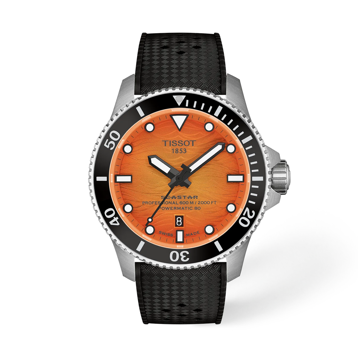 Reloj Tissot Seastar de 44 mm con esfera naranja, bisel negro y correa de caucho negra.