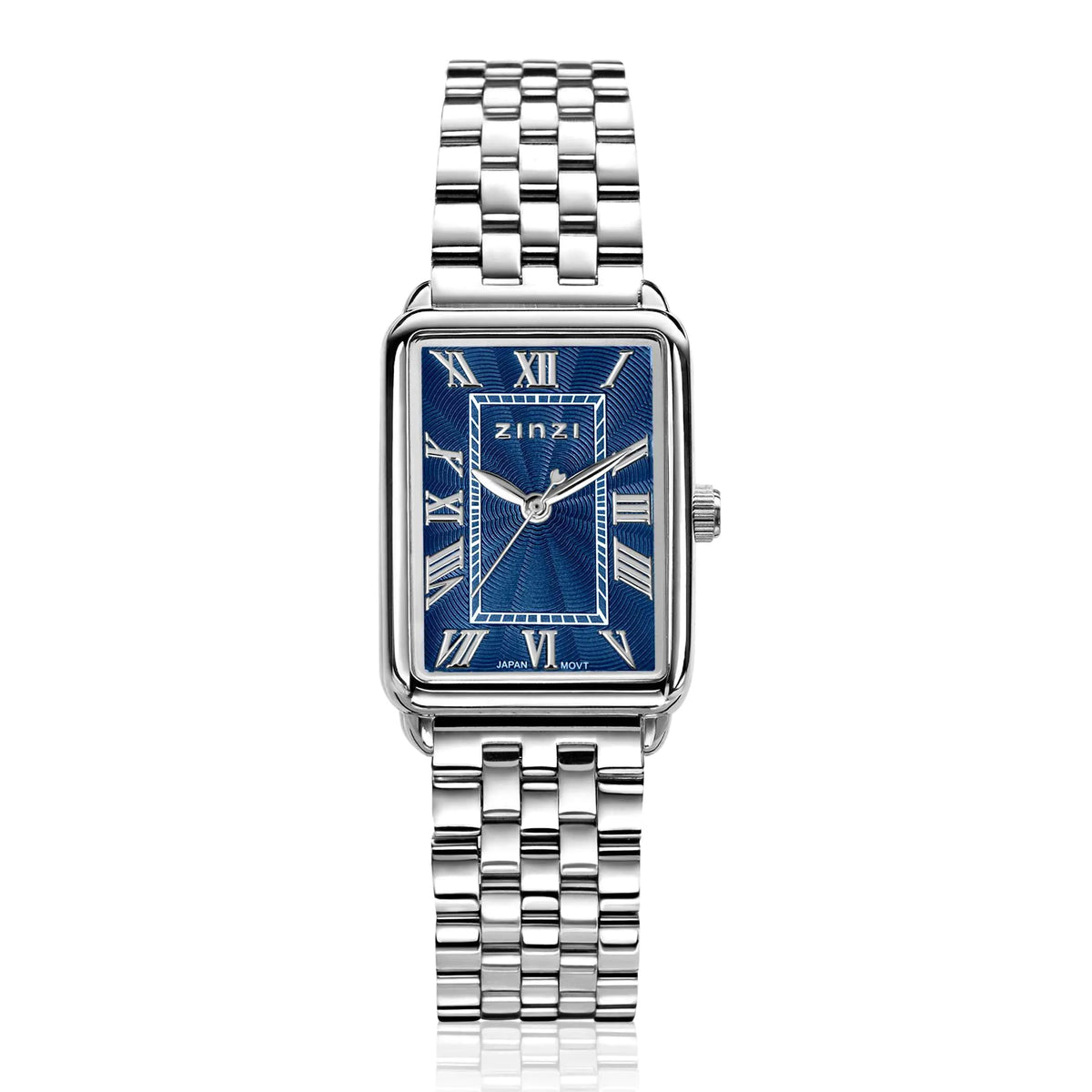 Reloj de acero plateado con esfera azul y números romanos, diseño rectangular y pulsera de eslabones.