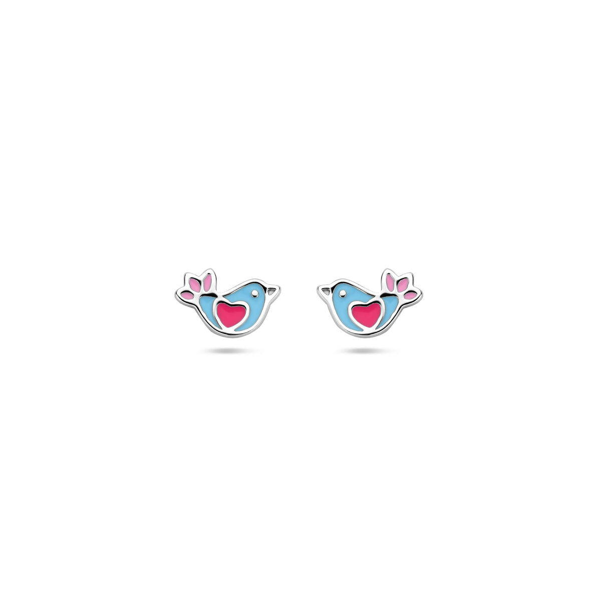 Pendientes de primera puesta de plata rodiada con diseño de pájaro en esmalte azul y rosa.