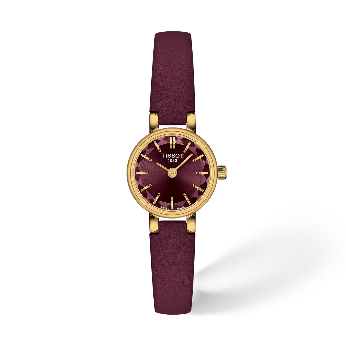 Reloj Tissot de 19.5 mm con esfera burdeos, caja dorada y correa de cuero morado.