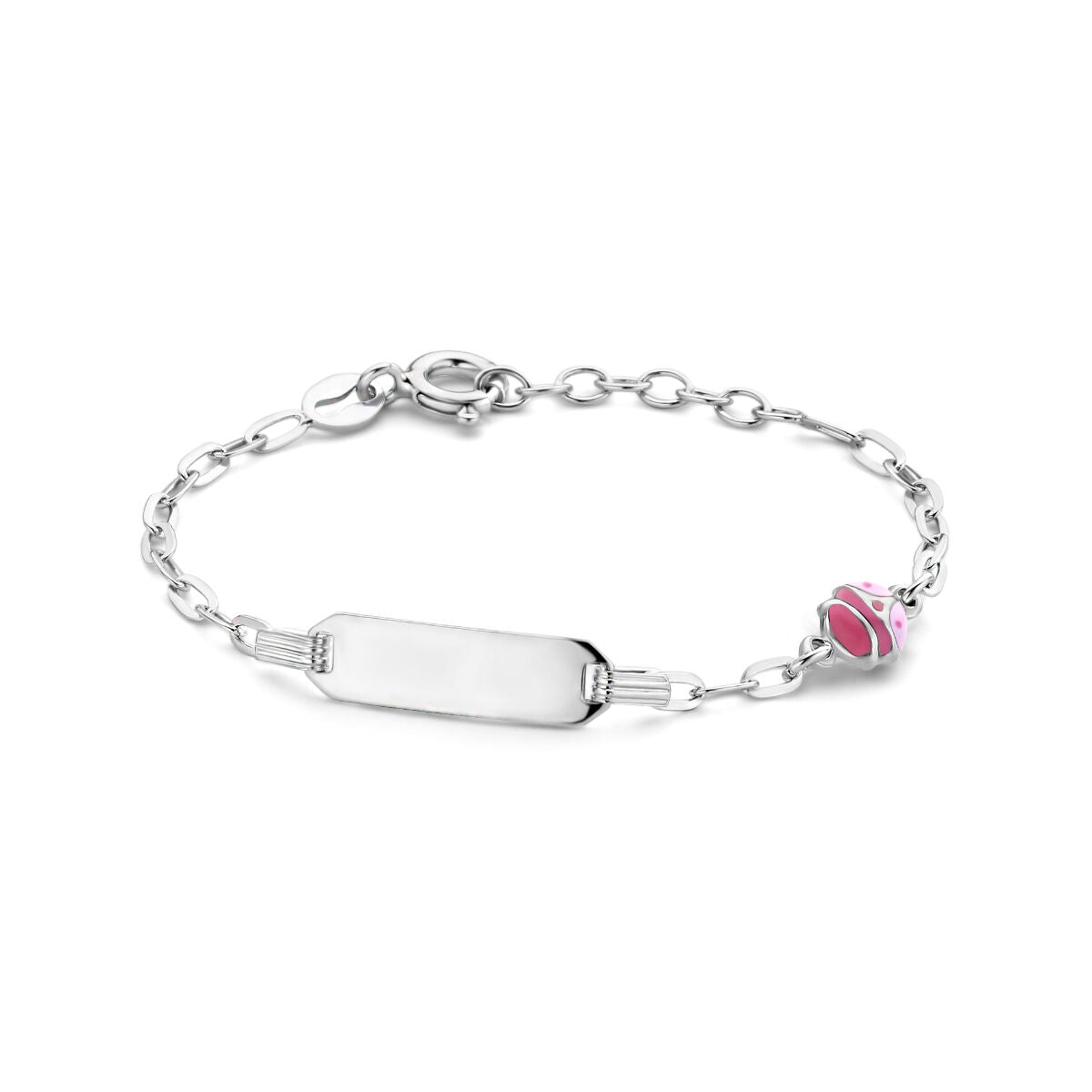 Pulsera de plata rhodium con placa grabable de 5,0 mm y charm de mariquita, ajustable de 11 a 2 cm.