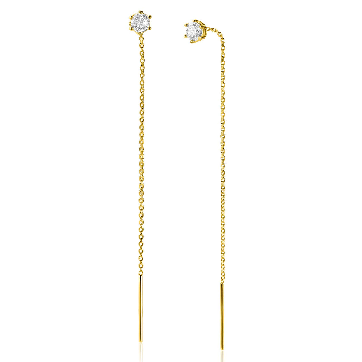 Pendientes largos de plata dorada con piedras brillantes y cadenas delicadas.