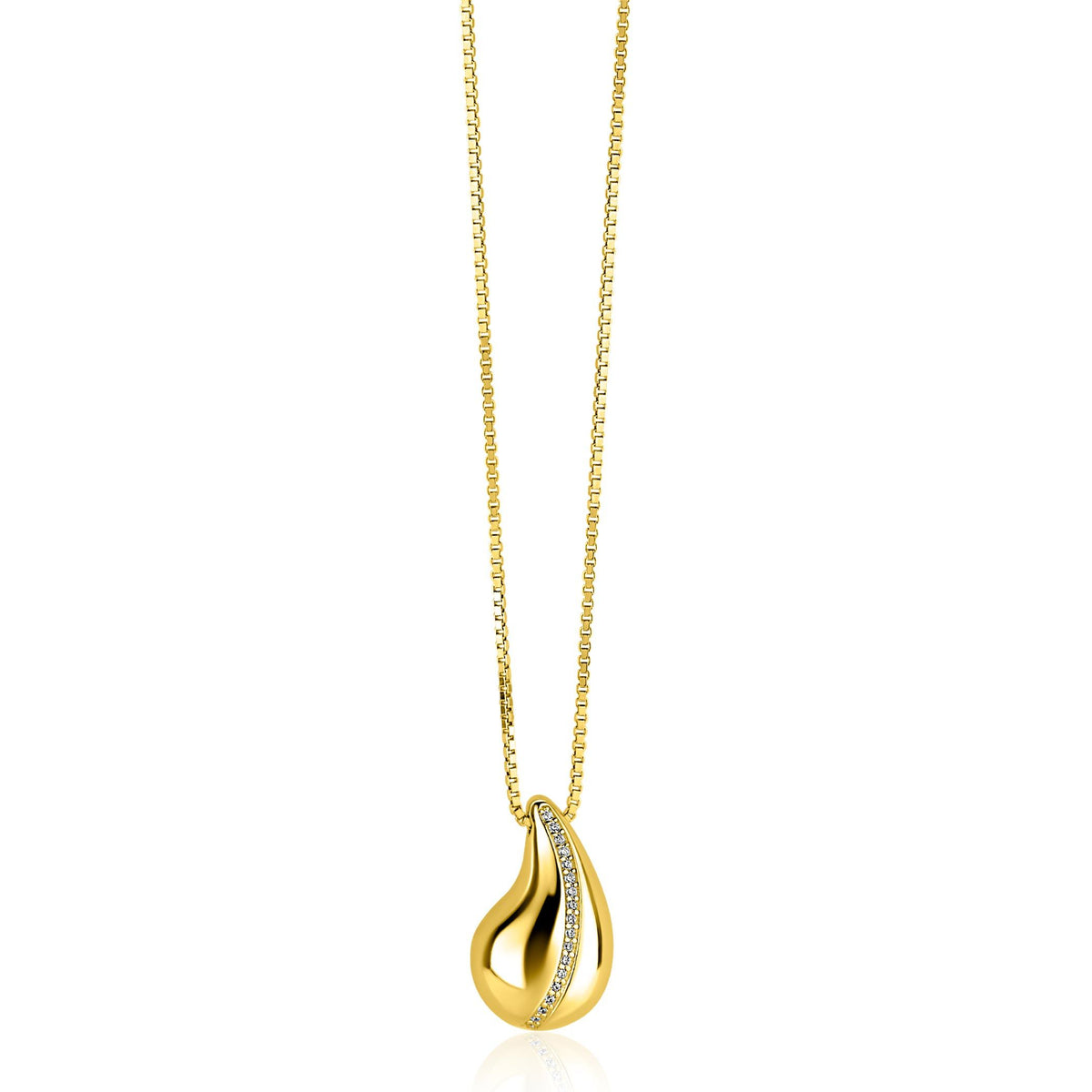 Collar dorado con colgante en forma de gota y detalles de piedras brillantes.