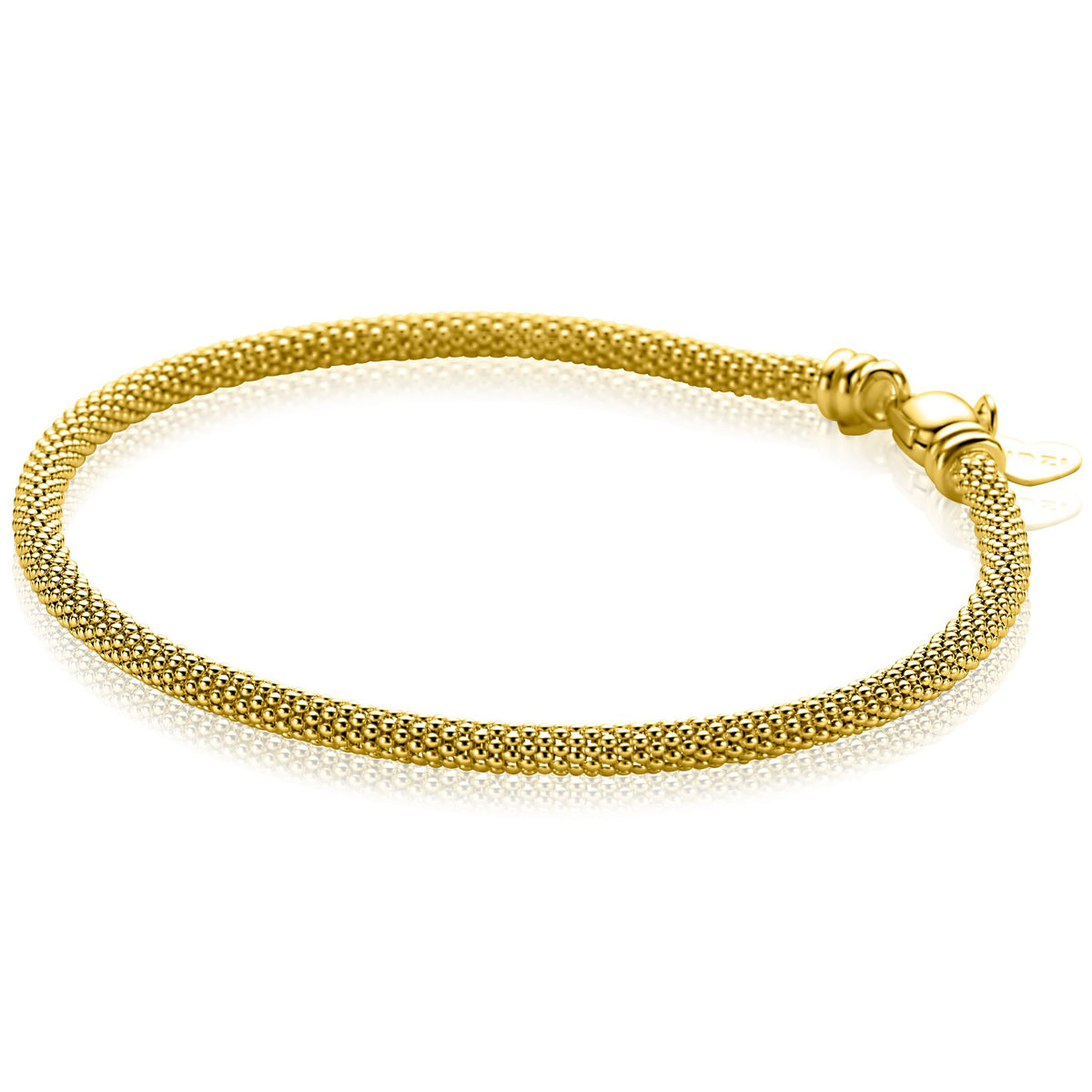 Pulsera dorada con diseño trenzado y cierre de gancho.