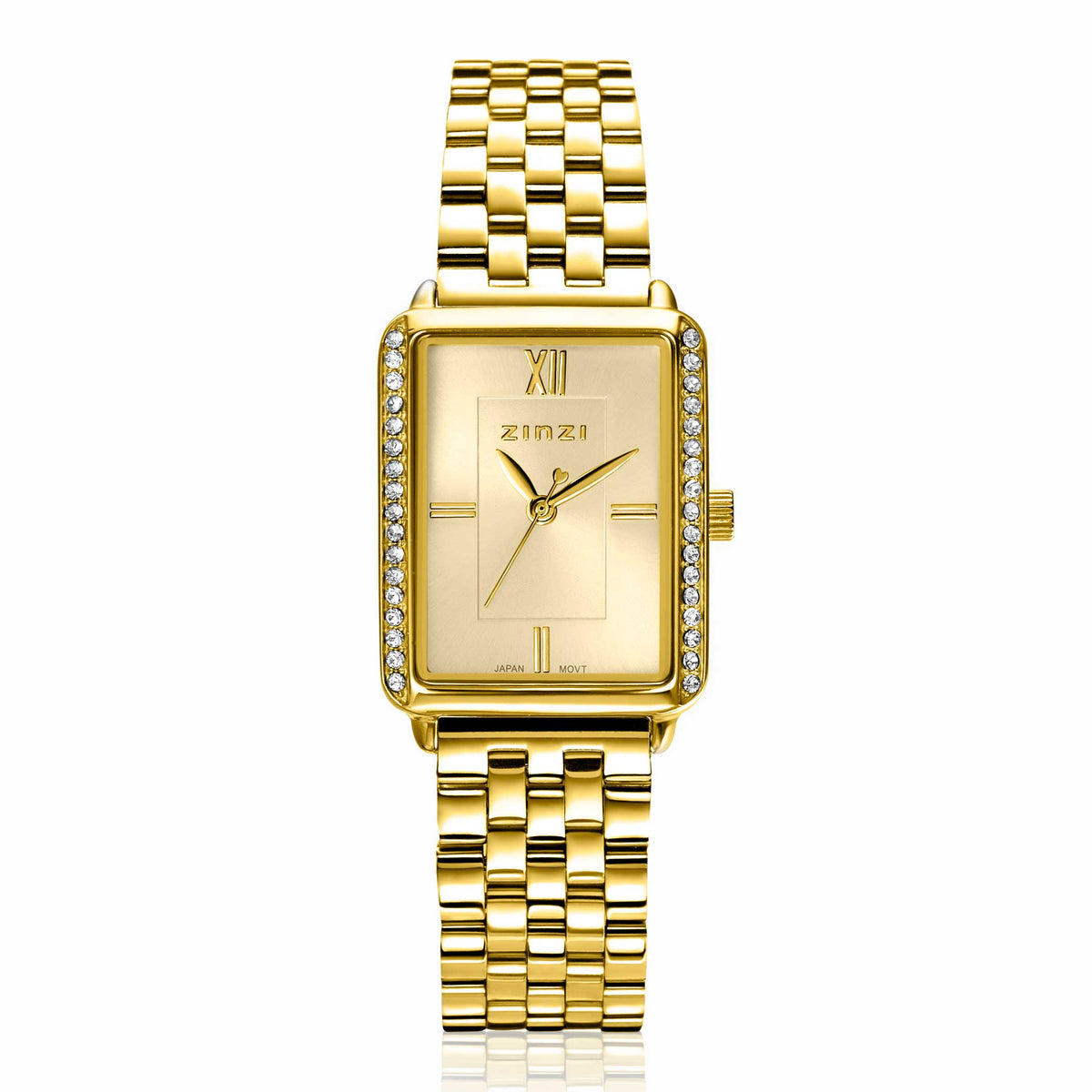 Reloj rectangular dorado con cristales en el bisel y pulsera de eslabones.