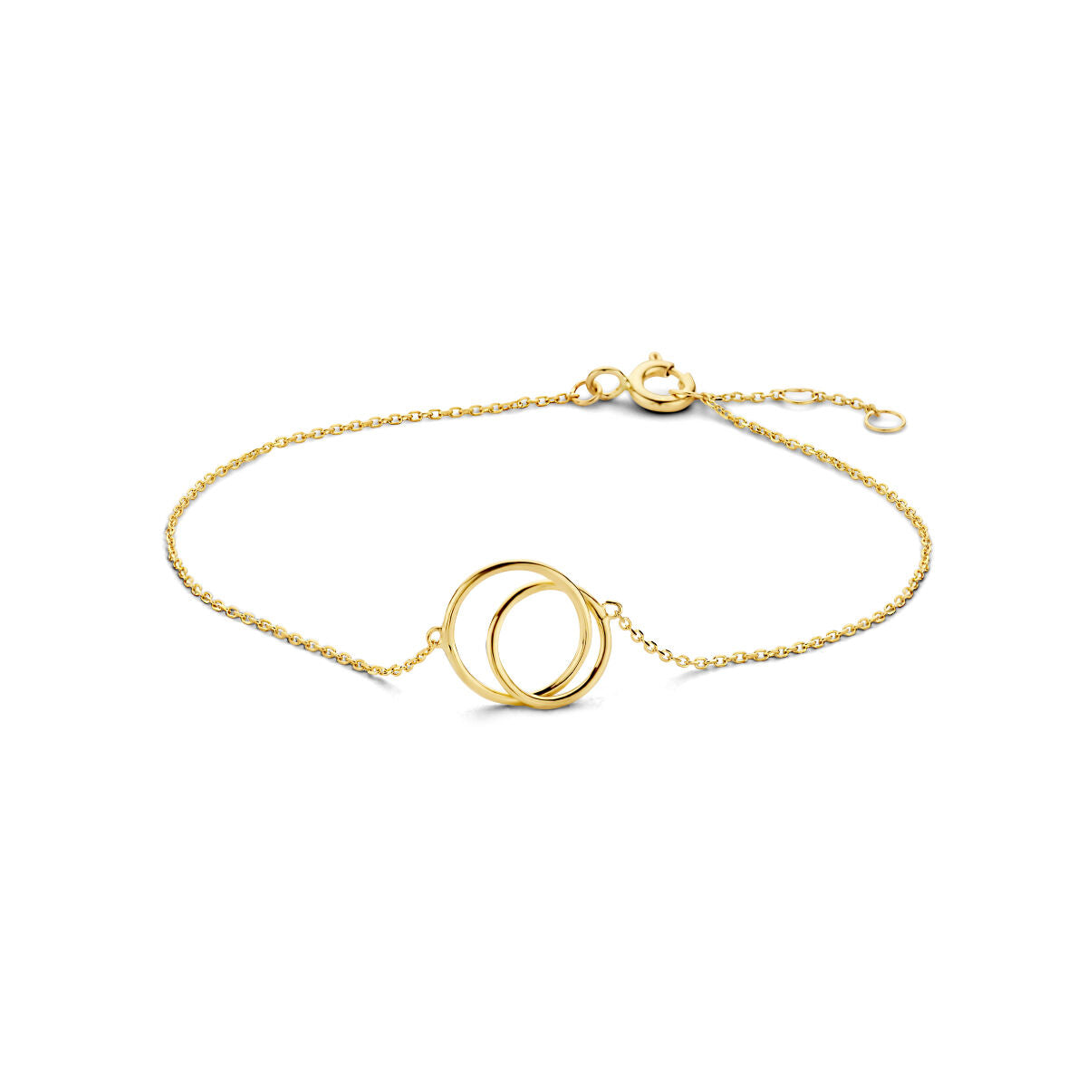 Pulsera de color dorado en oro de 9 quilates con dos aros entrelazados.