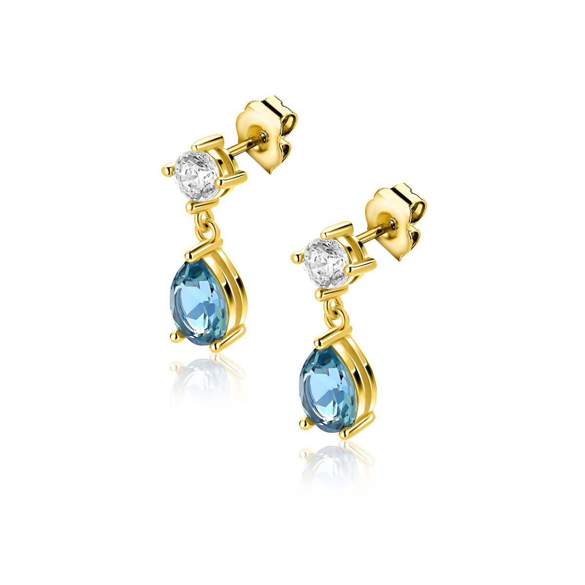 Pendientes de oro con piedras azules y transparentes, diseño colgante.