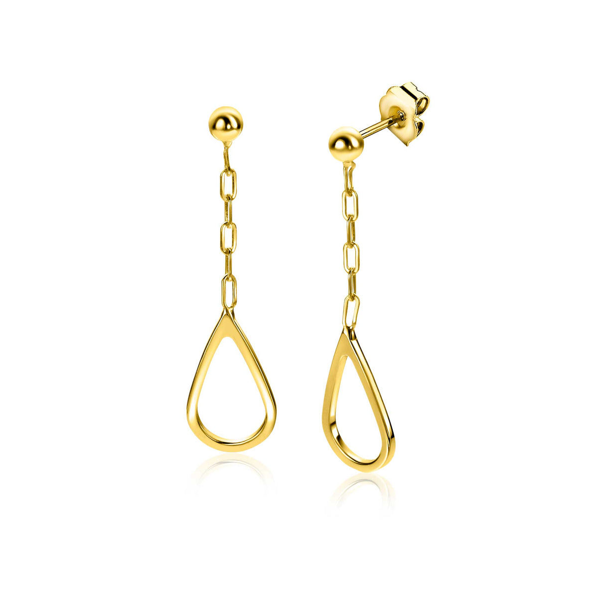 Pendientes largos de plata dorada con forma de gota y cadena.