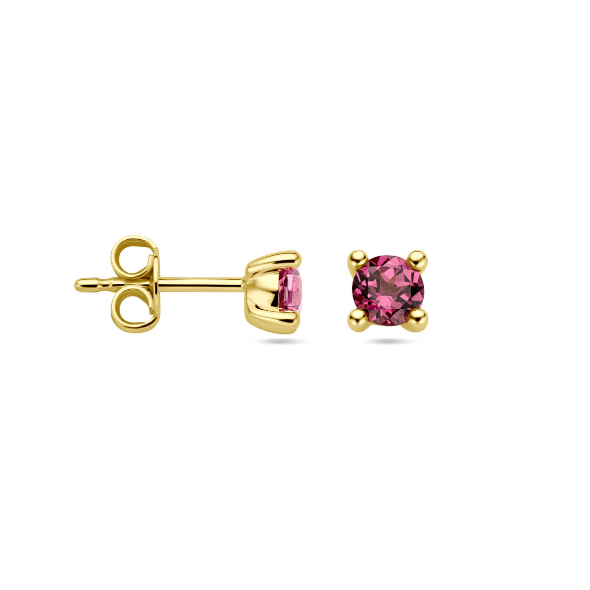 pendientes de botón de rodolita rosa en oro amarillo de 14K