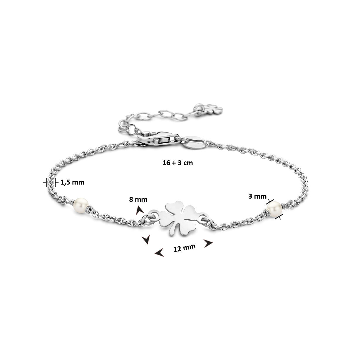 pulsera de perla sintética y trébol 16 + 3 cm plata rodiada