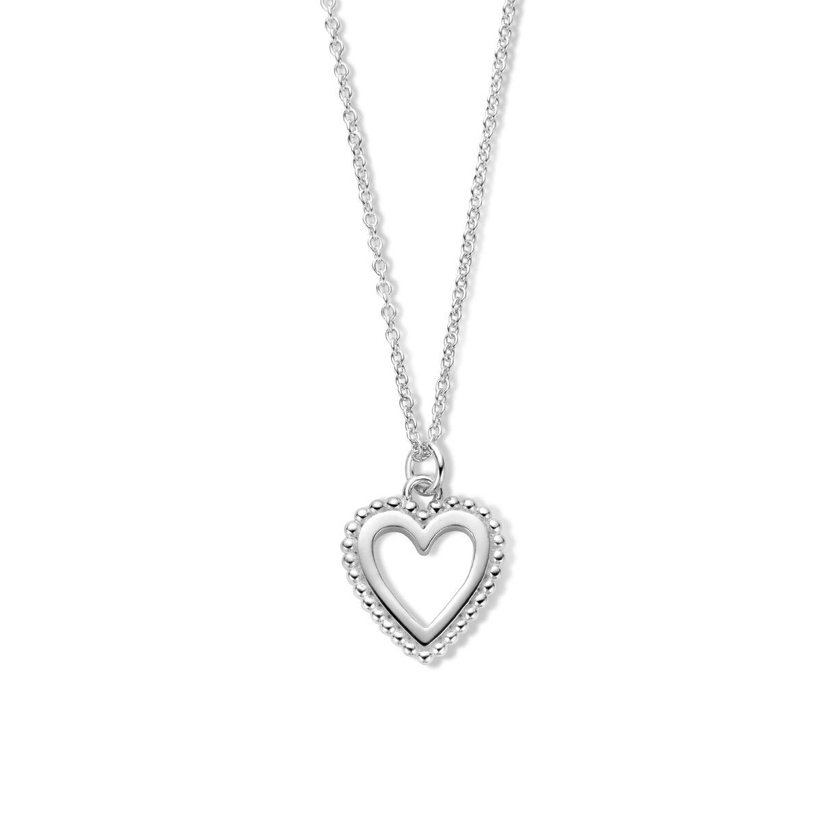 Collar de plata rodiada con colgante en forma de corazón, detalle de bolitas.