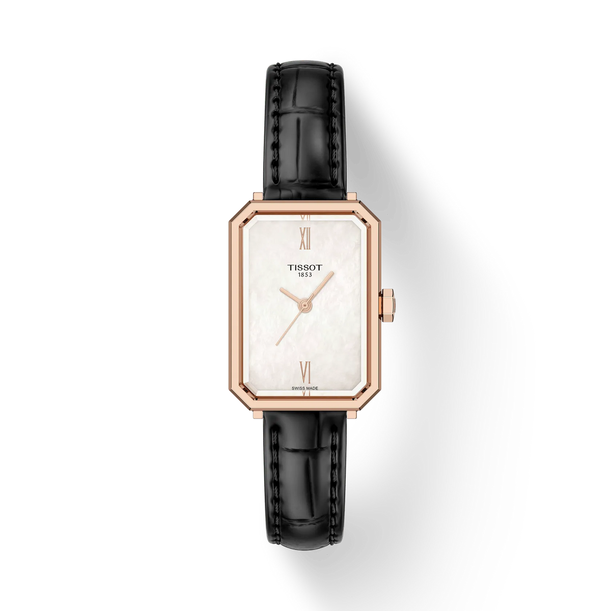 Reloj rectangular Tissot de 30 mm con esfera blanca y correa de piel negra.