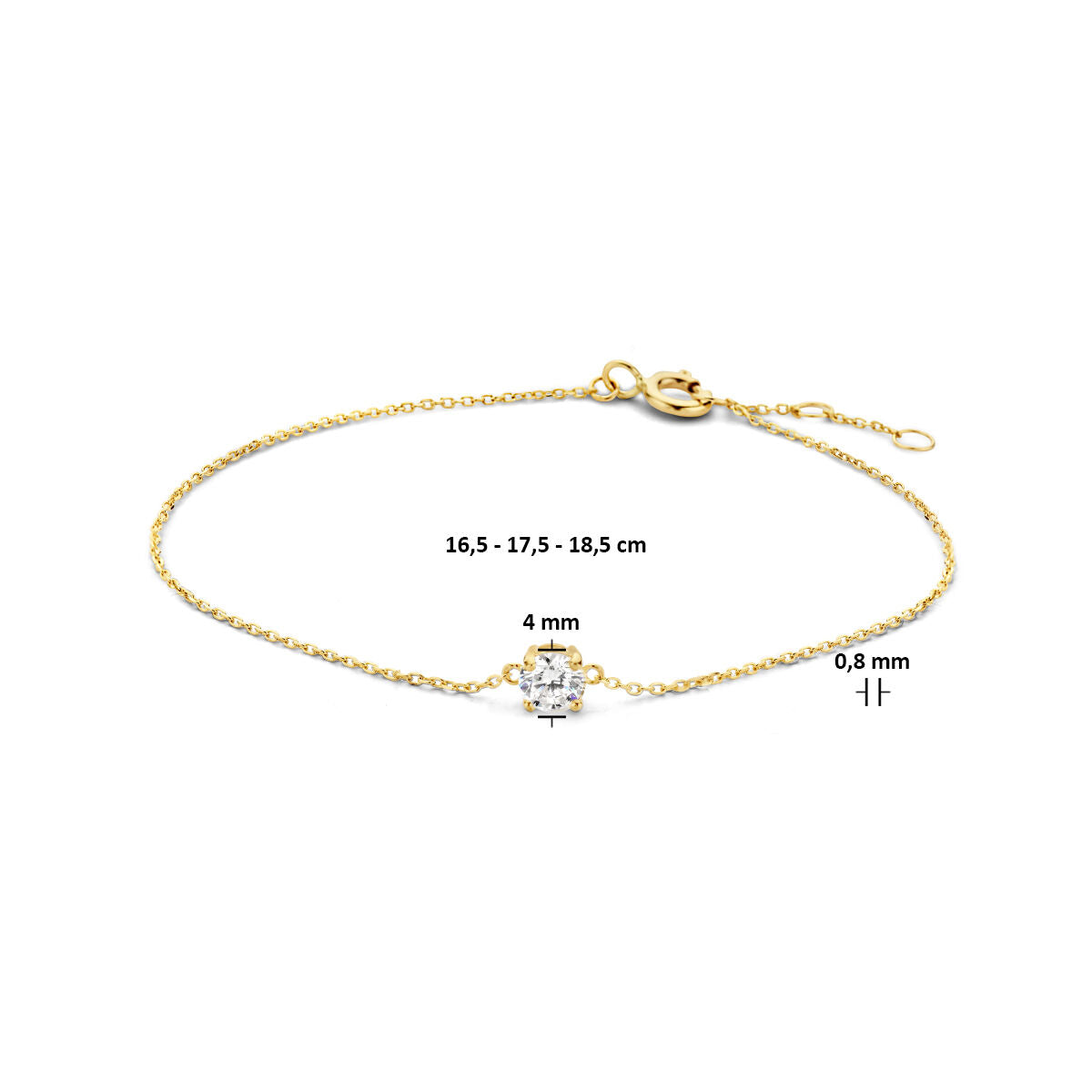 Van der Kooij Collectie Gouden armband dames zirkonia 14K met centrale 4 mm zirkonia, verstelbaar van 16,5-18,5 cm, fijne 0,8 mm ketting en veerring sluiting voor veilige draagbaarheid.