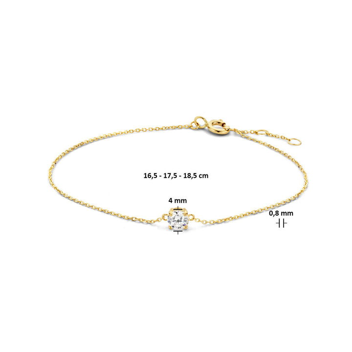 Van der Kooij Collectie Gouden armband dames zirkonia 14K met centrale 4 mm zirkonia, verstelbaar van 16,5-18,5 cm, fijne 0,8 mm ketting en veerring sluiting voor veilige draagbaarheid.