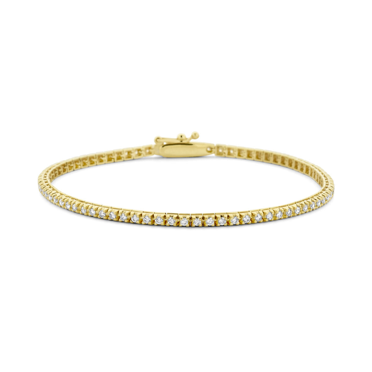 Pulsera de tenis de diamantes lab-grown de 1.00 ct, en oro amarillo de 14K, con un grosor de 2.0 mm.