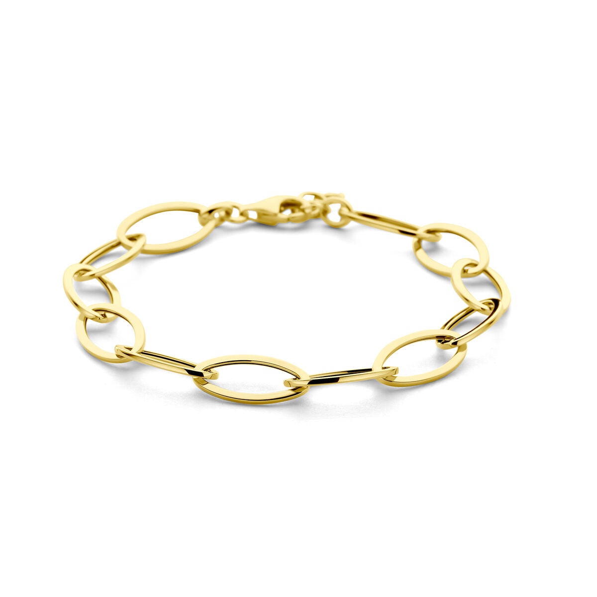 Pulsera de eslabones en oro amarillo de 14K, con un ancho de 9 mm y longitud ajustable de 18,5 + 1,5 cm.