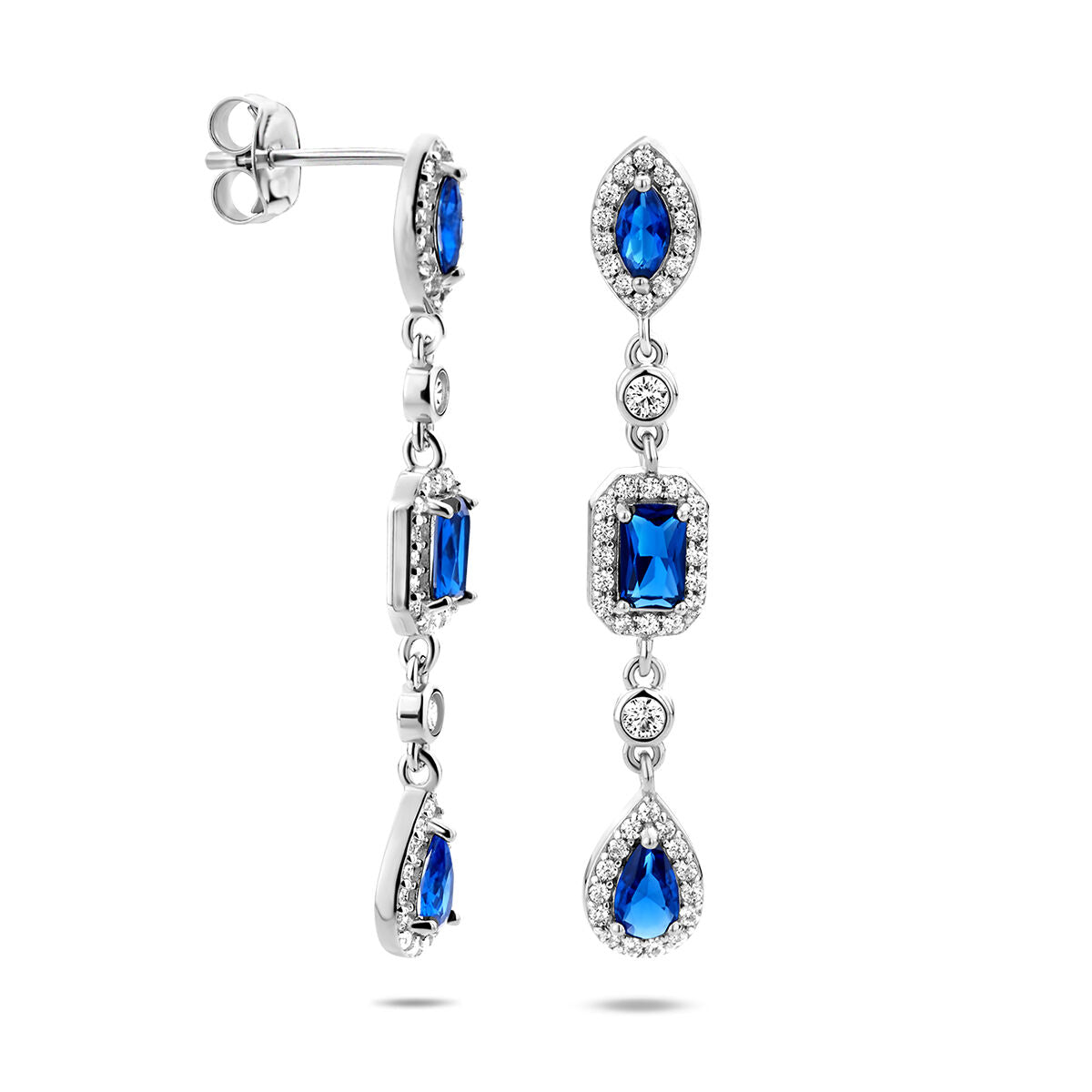 pendientes de zafiro blanco y azul de circonita en plata rodiada