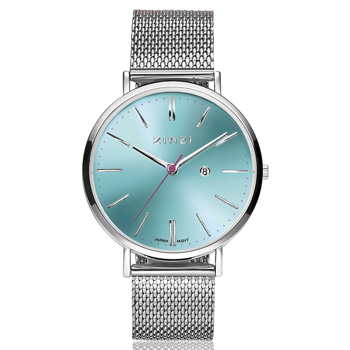 Reloj de acero color plateado con esfera azul y correa de malla.