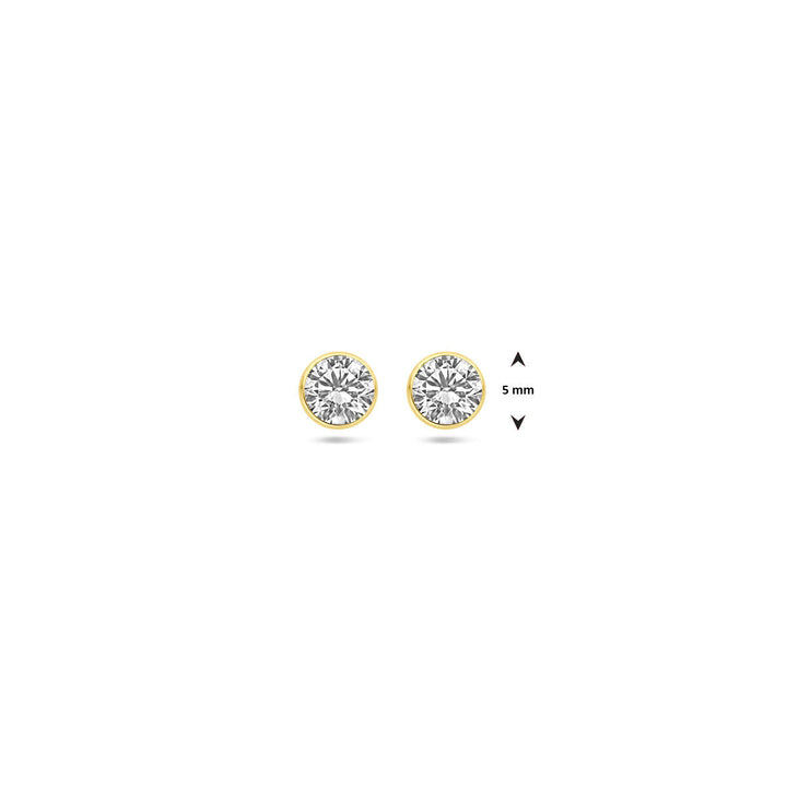 Een paar Van der Kooij Collectie oorknoppen zirkonia 14K geelgoud met een diameter van 5 mm, afgebeeld op een effen witte achtergrond.