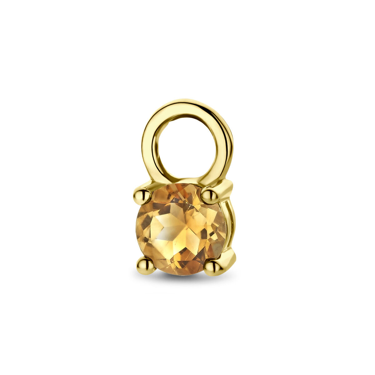 Colgante de citrino en oro amarillo de 14 quilates con un diseño redondo y engaste de cuatro garras.
