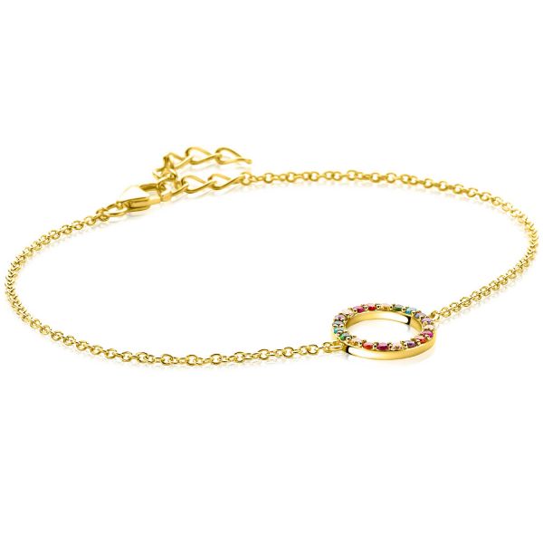 Pulsera de plata con un colgante circular decorado con piedras de colores.
