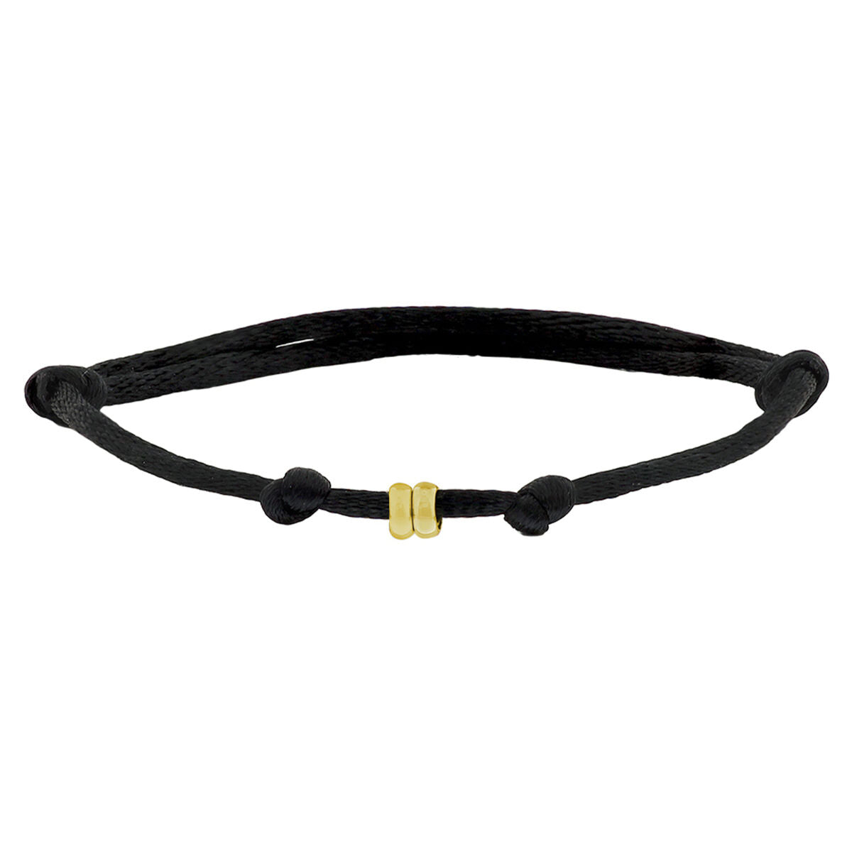 De Van der Kooij Collectie armband satijn (heren lengte) combineert 14K goud met rubber, nylon en leer: een subtiele zwart gevlochten armband met verstelbare knopen en een kleine goudkleurige dubbele bar kraal centraal.
