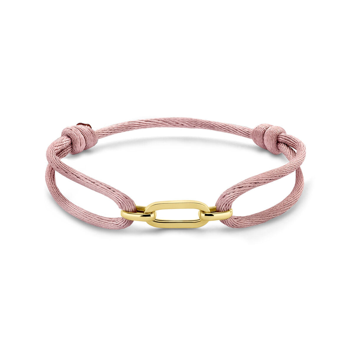 Pulsera de satén rosa suave con detalle en oro de 14K y cierre de nylon.