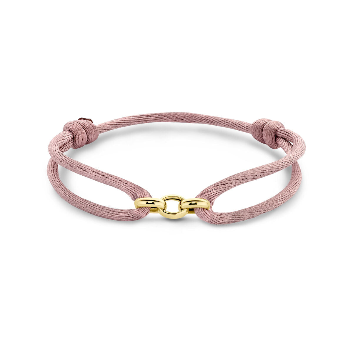 Pulsera de satén rosa suave con detalles en oro de 14K y cierre de metal.