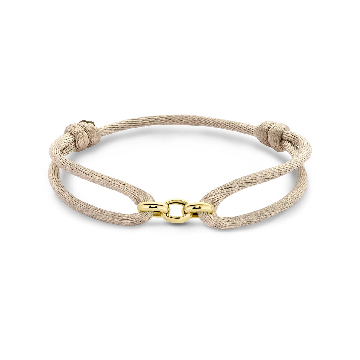 Pulsera de satén beige de 14K con detalles en goma y nylon, ajustable de 13 a 26 cm.