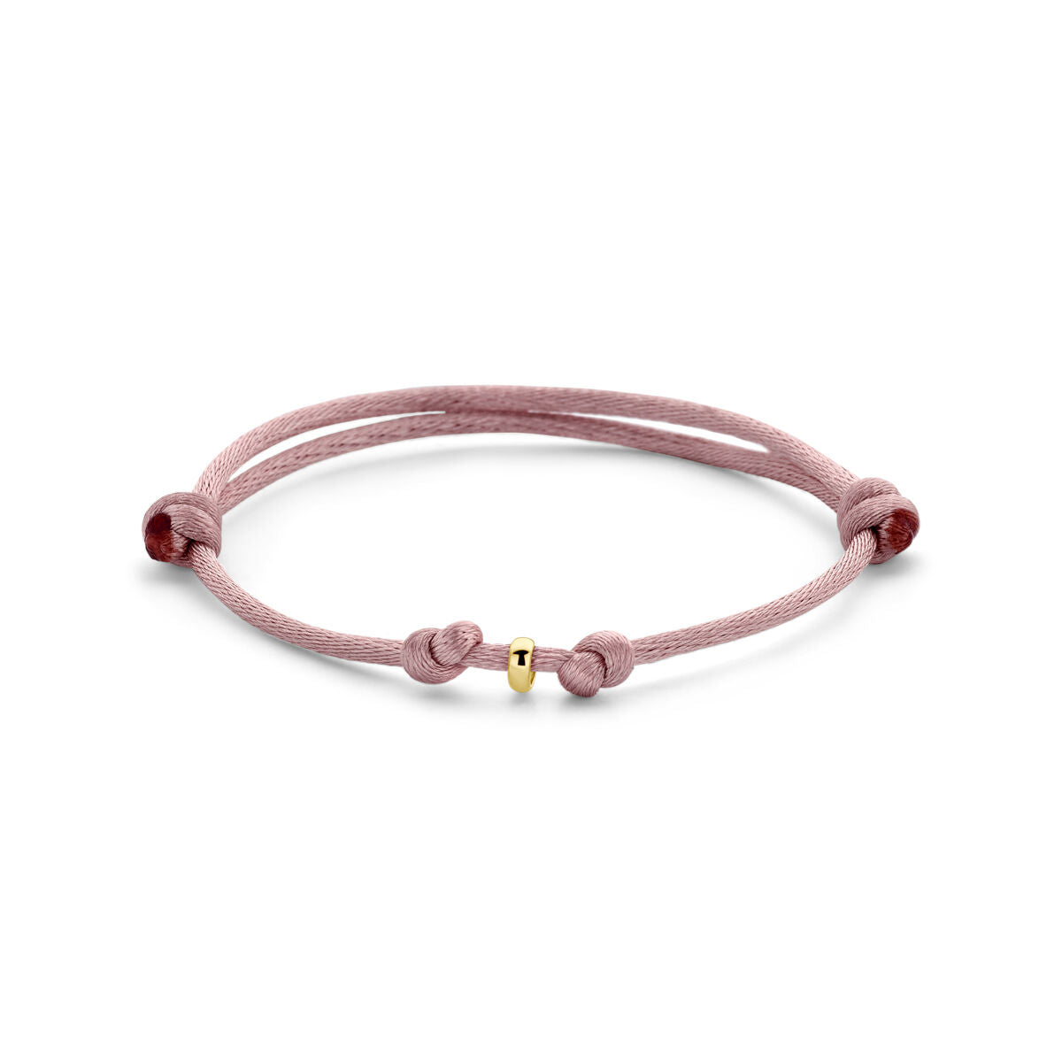 Pulsera de satén rosa suave de 14K con detalles en goma y nylon, ajustable de 13 a 26 cm.