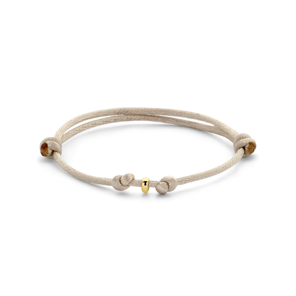 Pulsera de satén beige de 14K con detalles en goma y nylon, ajustable de 13 a 26 cm.
