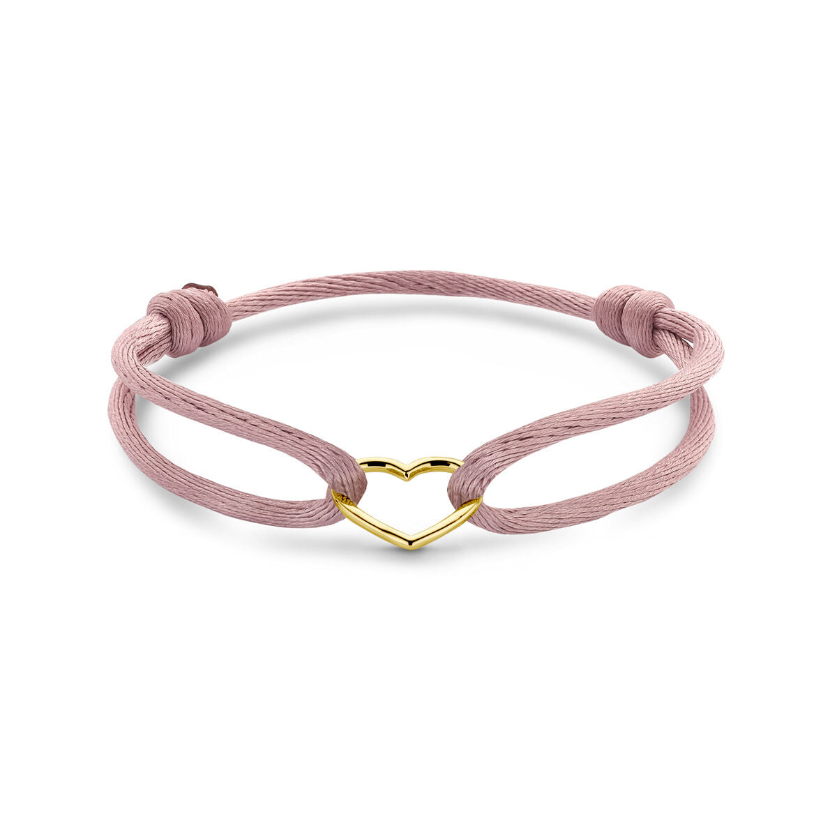 Pulsera de satén rosa suave con corazón dorado de 14K y detalles en goma/nylon/cuero.