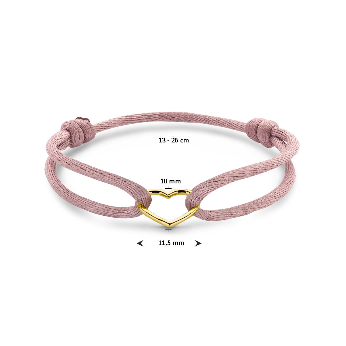 pulsera satén suave rosa corazón 13 - 26 cm 14K oro con goma/nylon/cuero