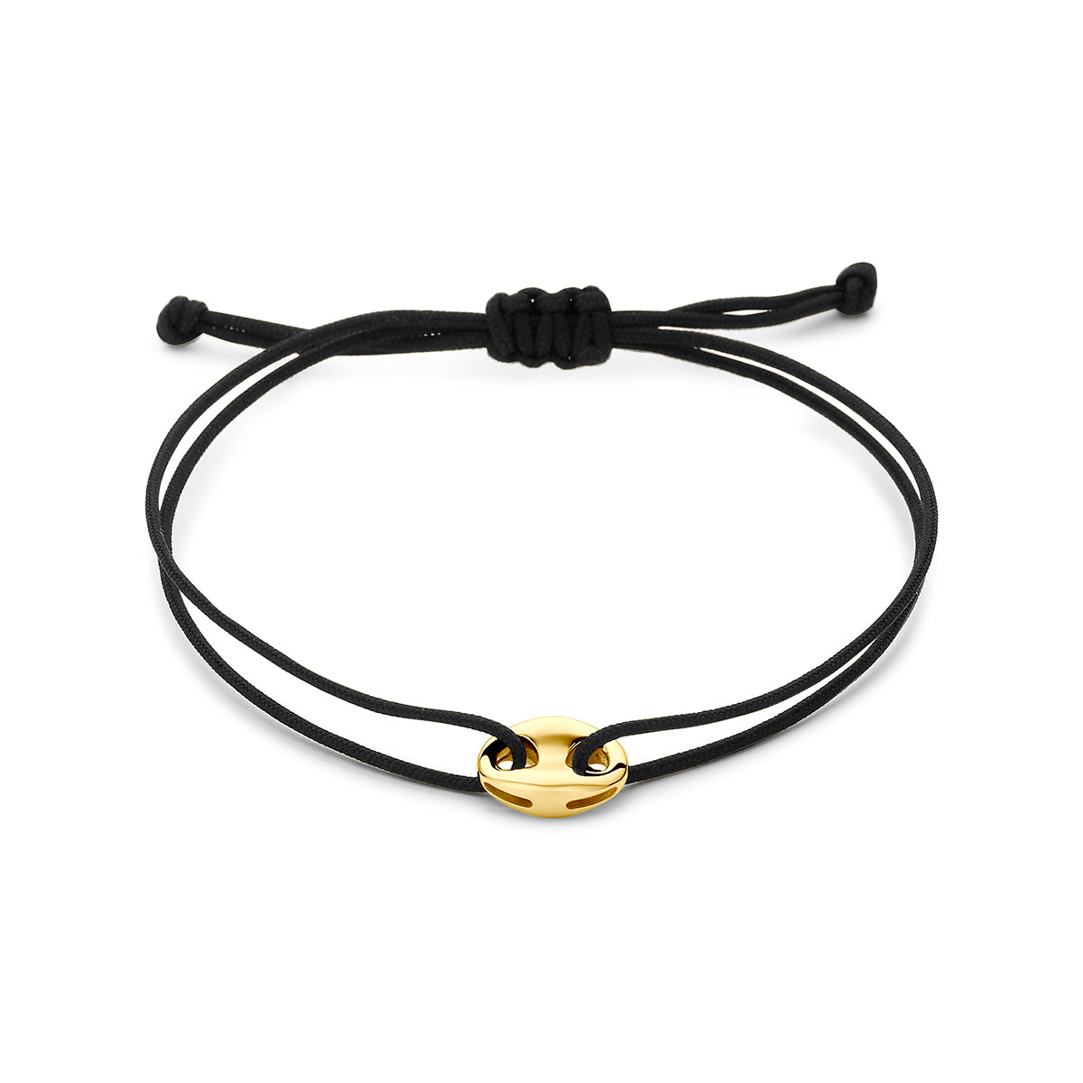 Pulsera de poliéster negra con detalle en oro de 14K y cierre ajustable.