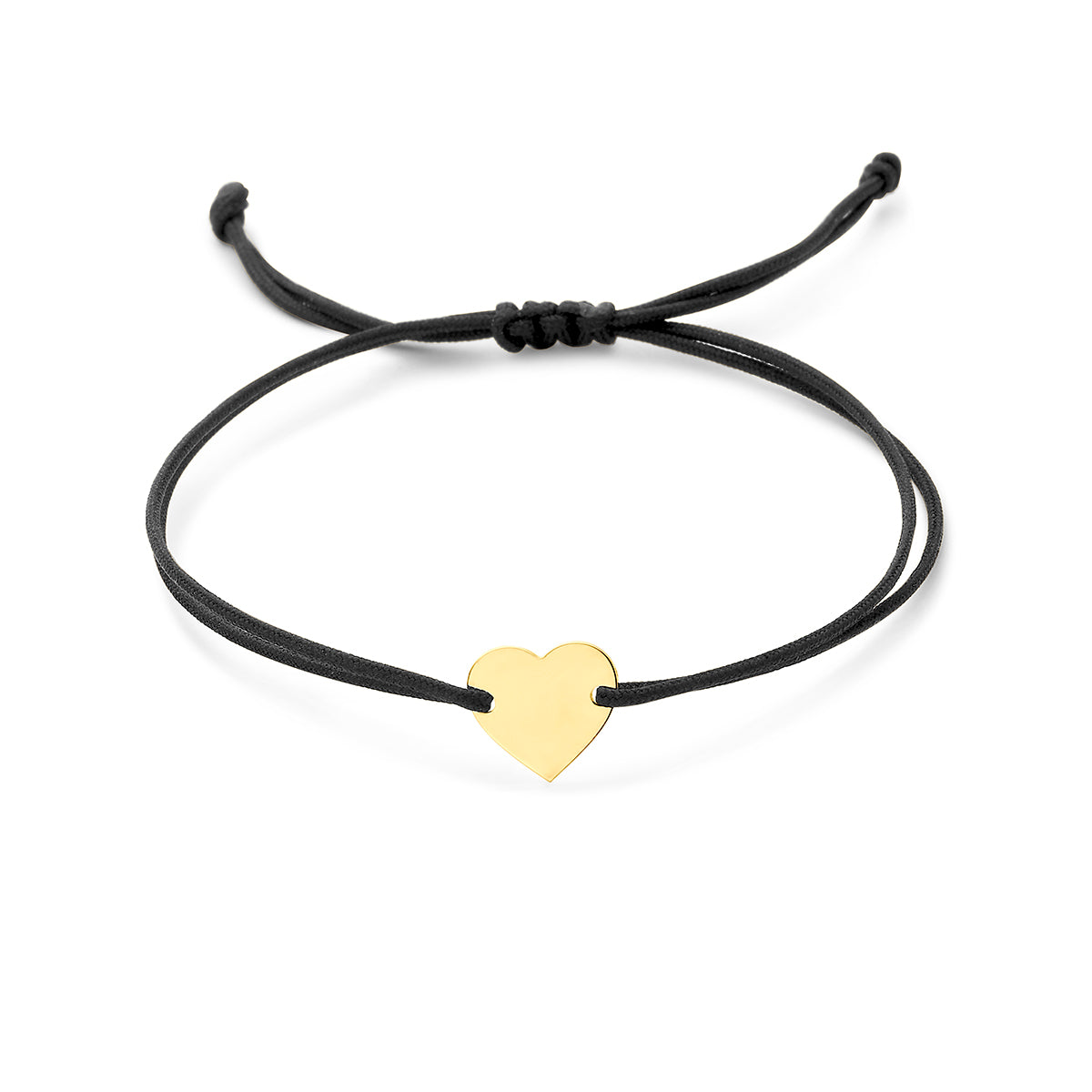 Pulsera de corazón en poliéster negro con detalle en oro de 14K, ajustable hasta 20 cm.