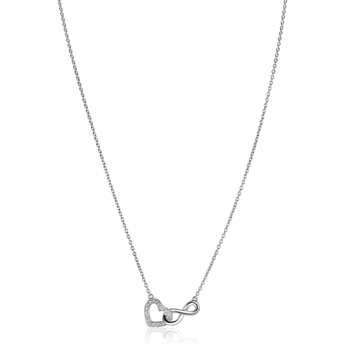 Cadena plateada con colgante en forma de infinito adornado con piedras brillantes.
