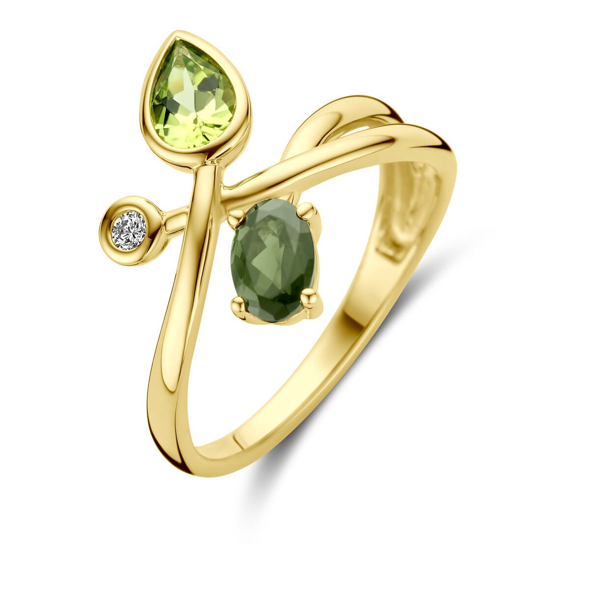 Anillo de oro amarillo de 14K con toermalina verde, peridoto y diamante de 0.03 ct.