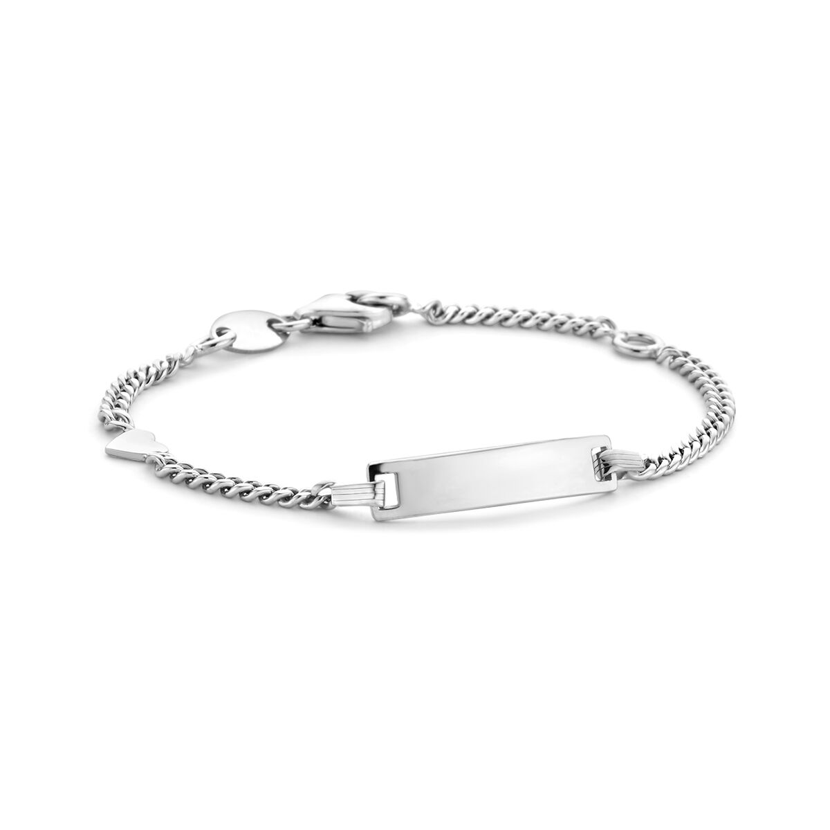 Pulsera gourmet de plata rhodinada con placa grabable de 4,2 mm y longitud ajustable de 11 a 13 cm.