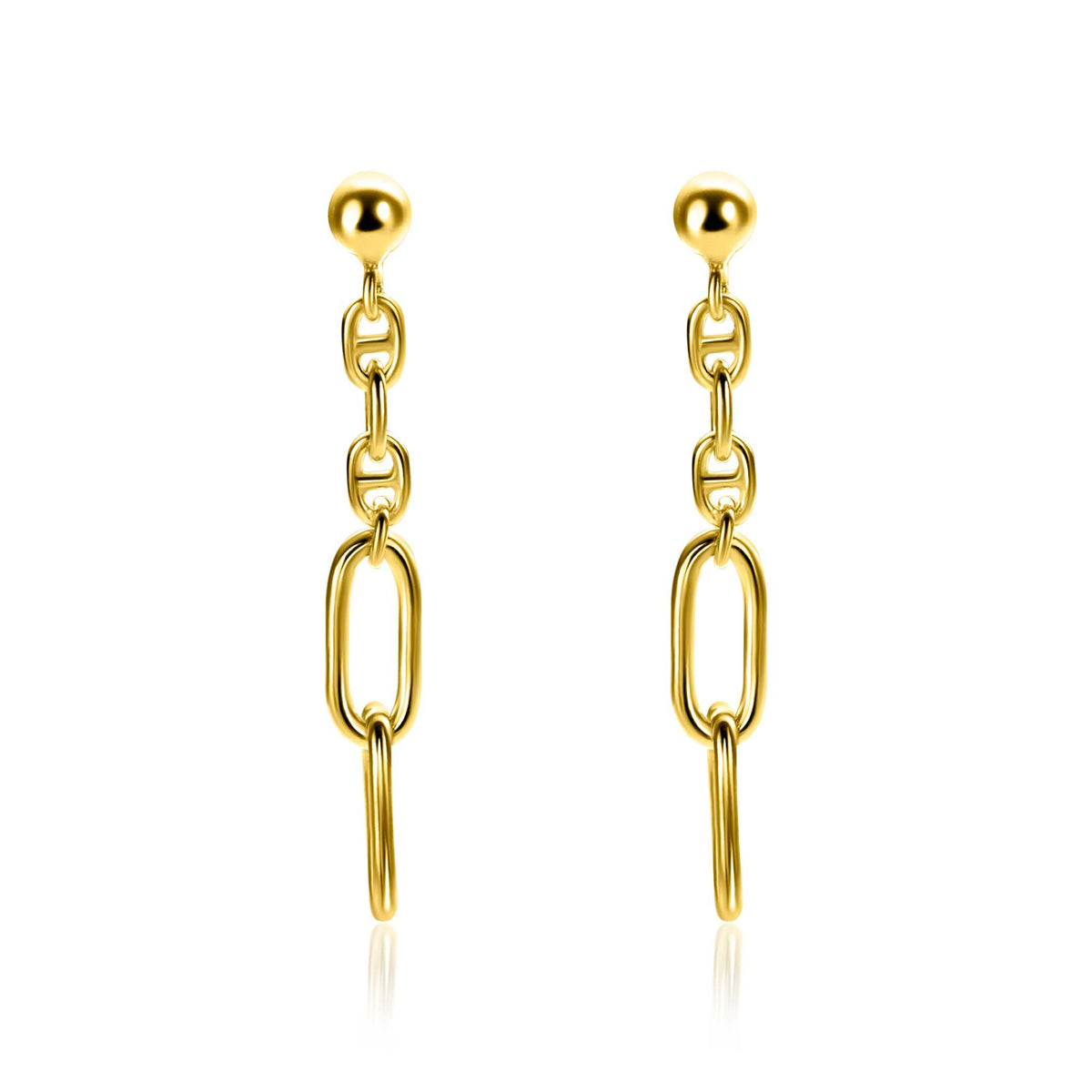 De Zinzi Oorbellen Gold Plated Zio2413 G zijn vergulde oorbellen van Zinzi, met oorstekers en drie in elkaar grijpende ovale en ronde schakels, afgebeeld op een witte achtergrond.