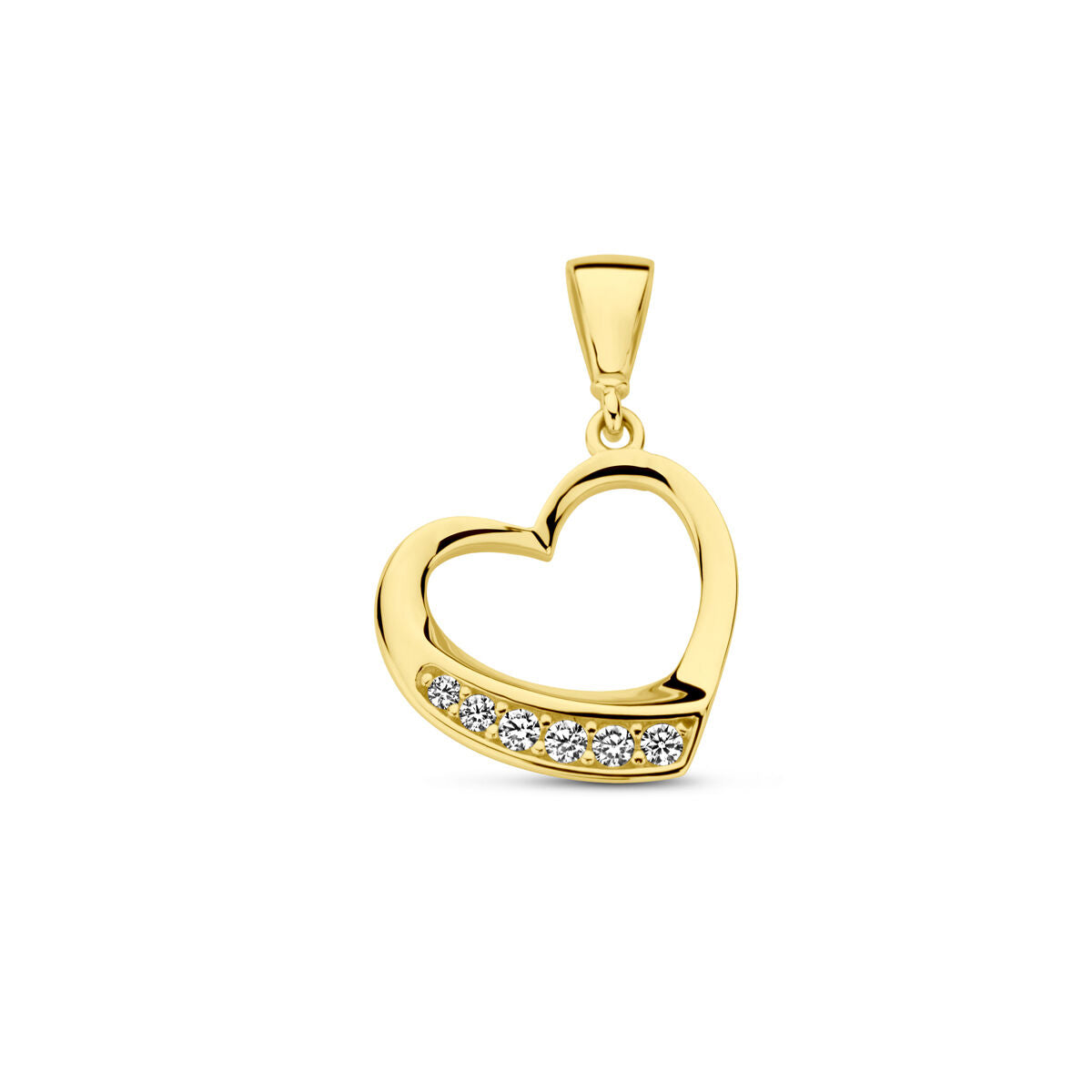 Colgante en forma de corazón de oro amarillo de 14K con zirconias brillantes.