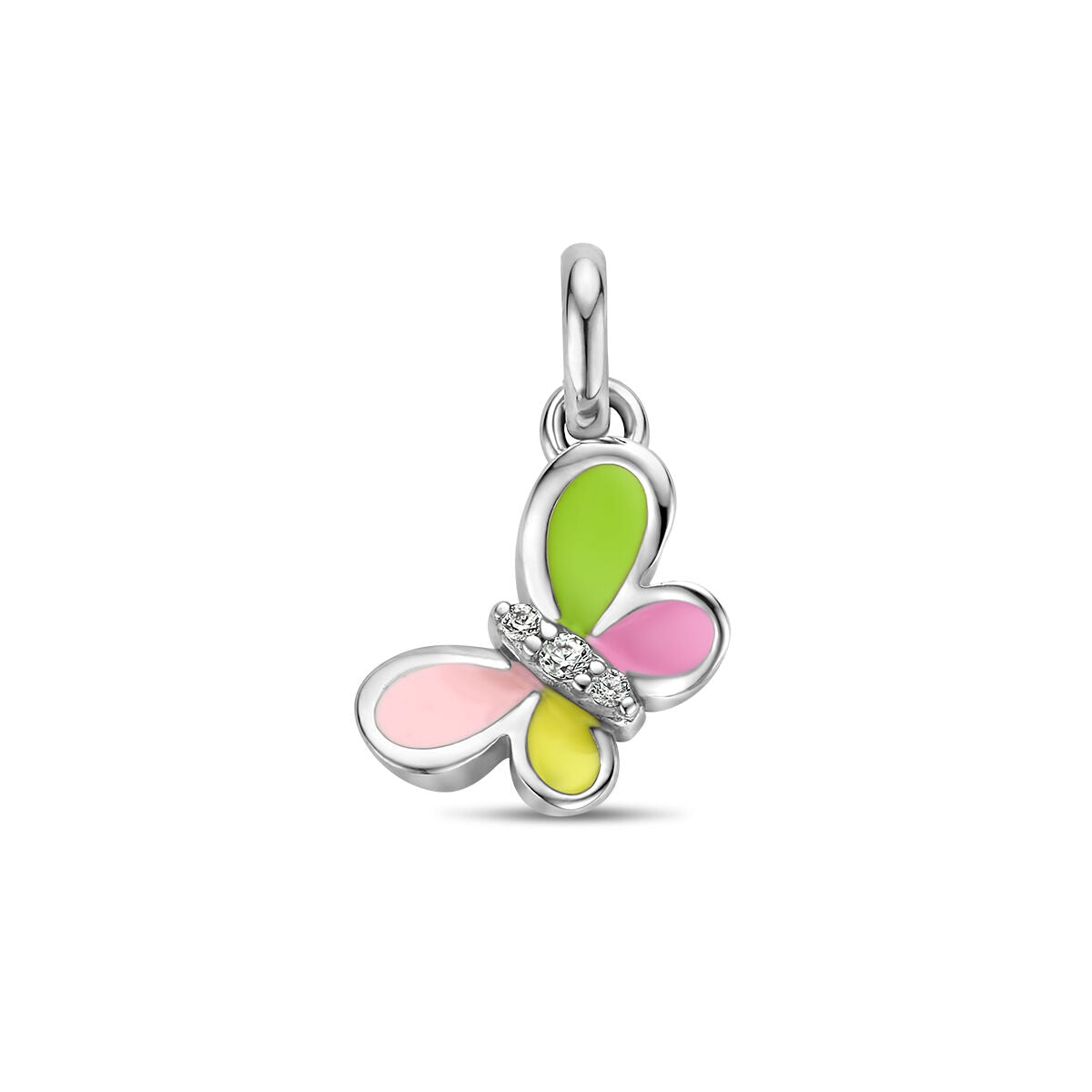Colgante de mariposa en plata rodiada con detalles de zircón y colores rosa, verde y amarillo.
