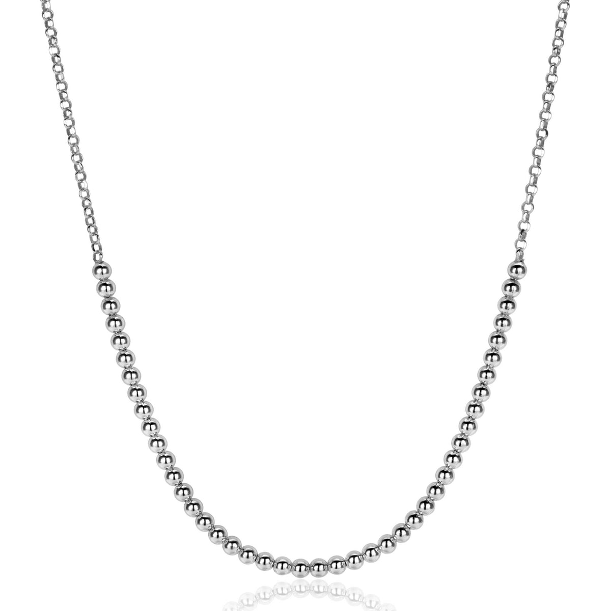 Cadena de plata con esferas brillantes y diseño delicado.