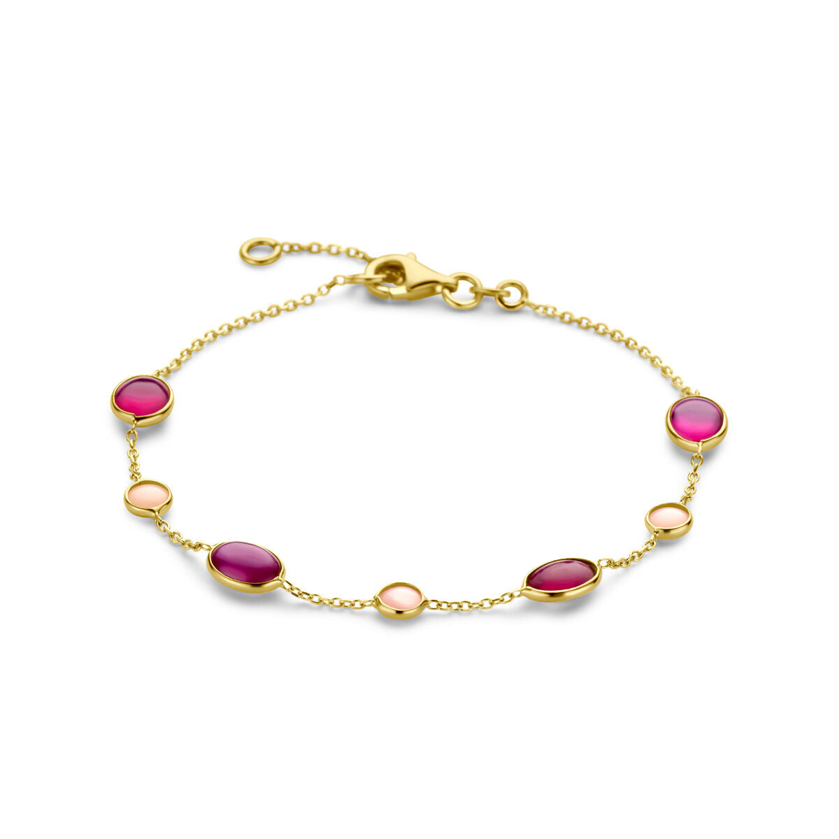 Pulsera dorada de 14K con ópalos rosas y rubíes, con un diseño delicado y piedras ovaladas.