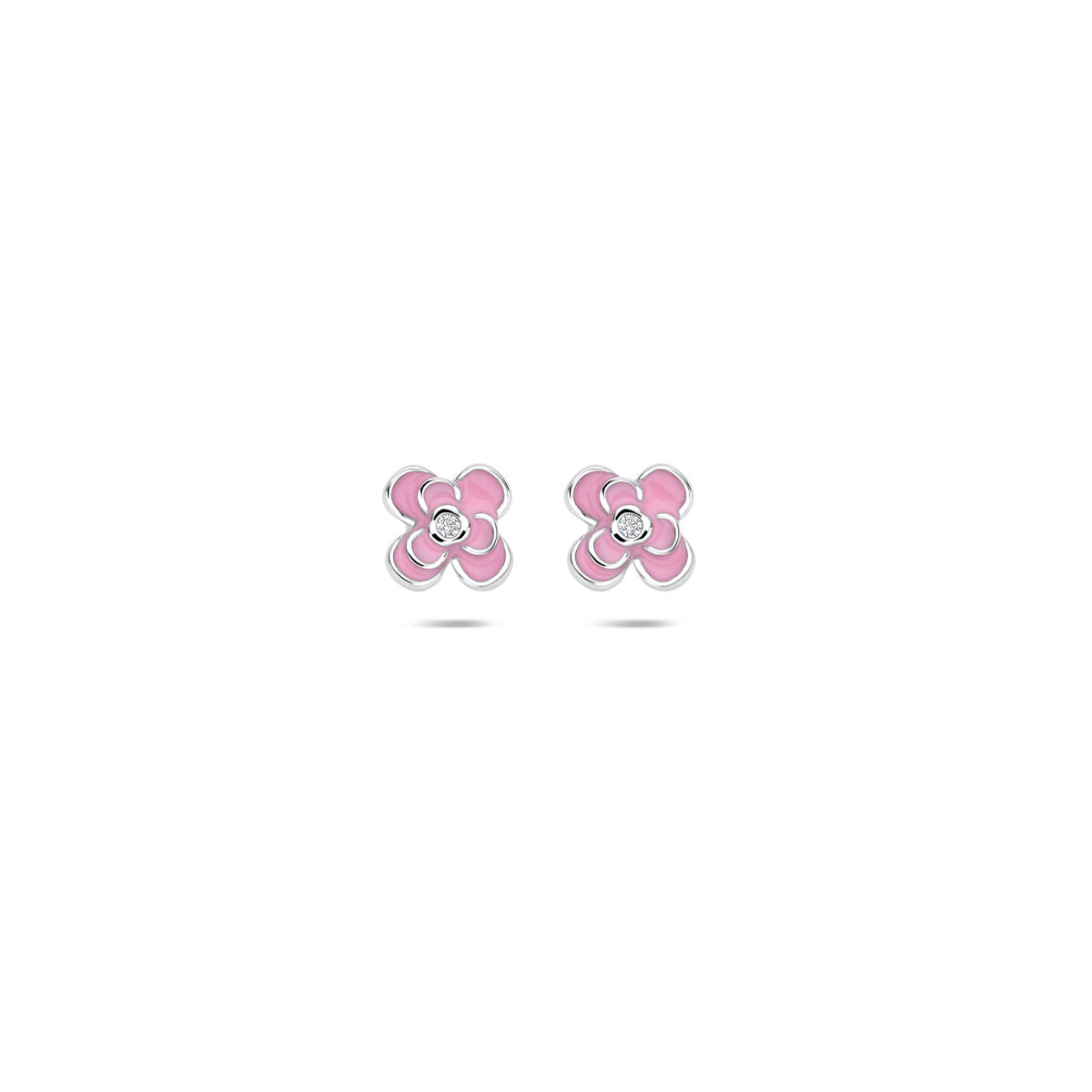 Pendientes de flor de plata con circonitas y esmalte rosa.
